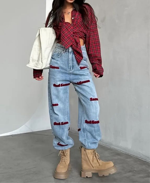 Джинсы клеш голубые с красными надписями палаццо широкие