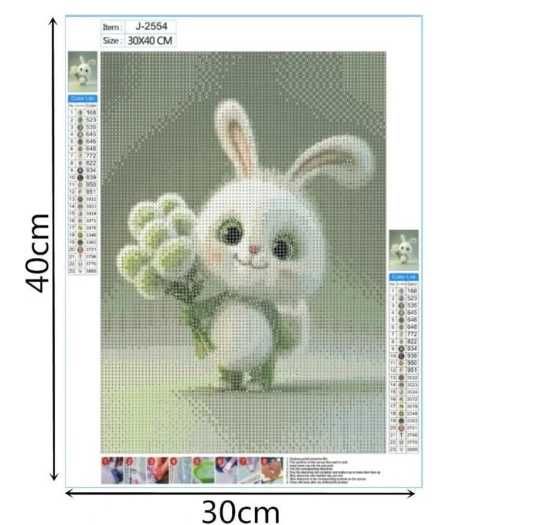 Haft Diamentowy 5D Malowanie Diamentami 30x40cm DIY Królik z Kwiatkami