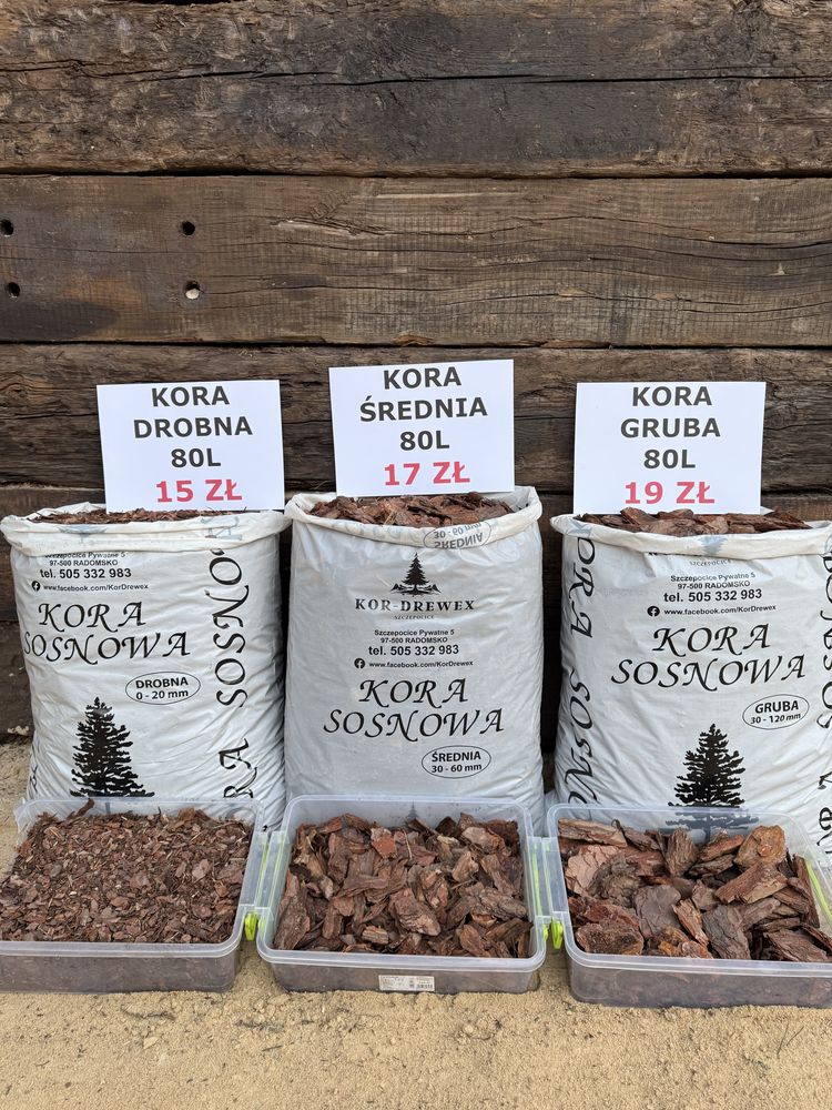 Kora sosnowa 80l Trzy frakcje Drobna Średnia Gruba . Transport