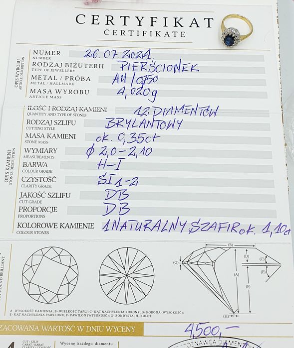 Złoty pierścionek z Szafirem I Diamentami 750