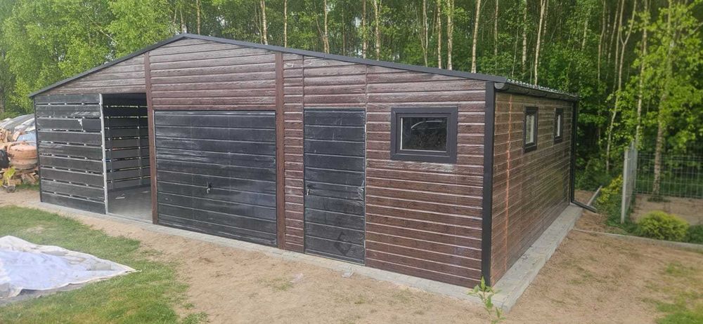 Garaż blaszany 6x5 drewnopodobny dwuspadowy brama uchylna + wiata 3x5