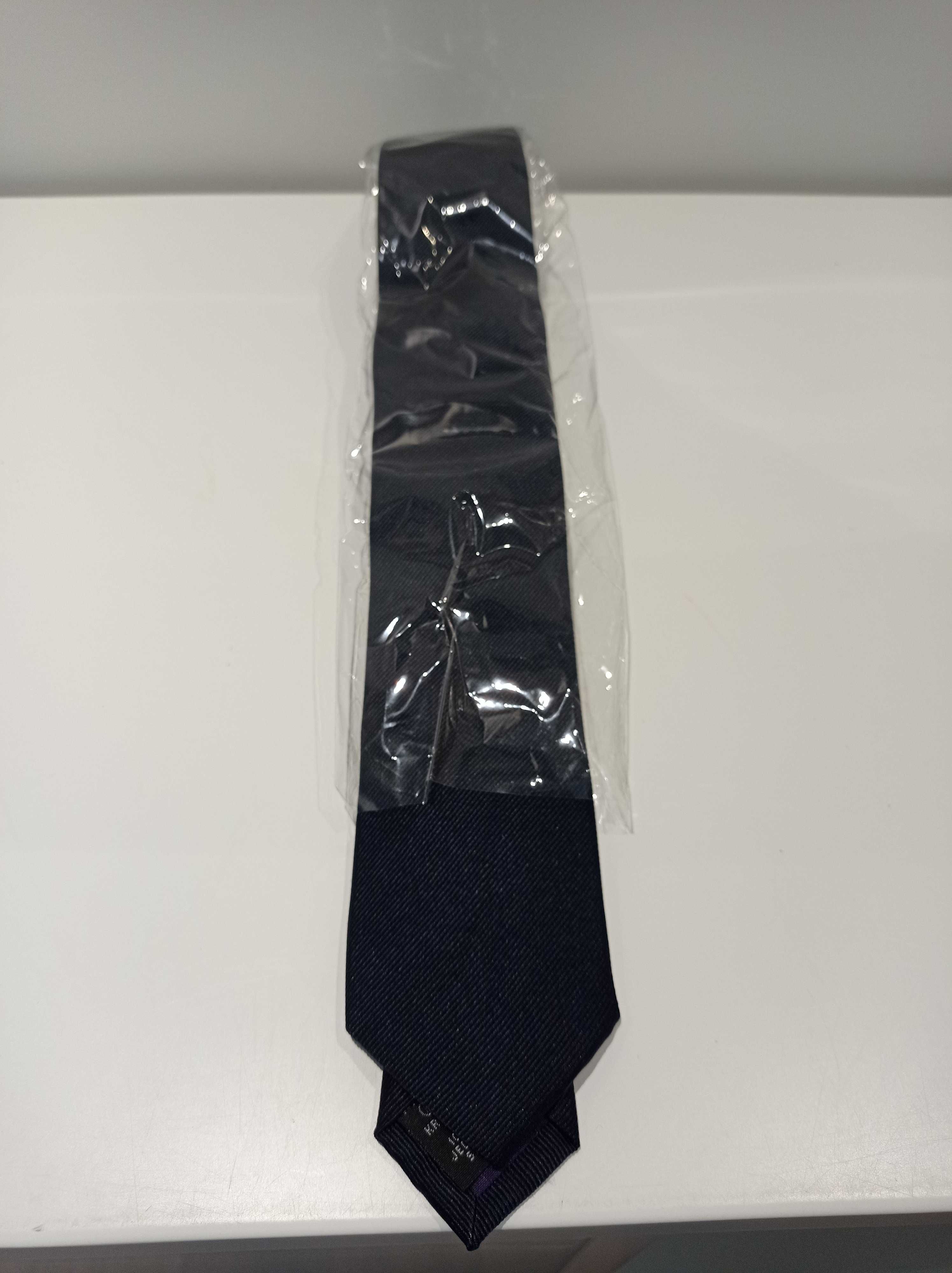 Jedwabny krawat Lambert – 100% jedwab, nowy w folii, granatowy twill