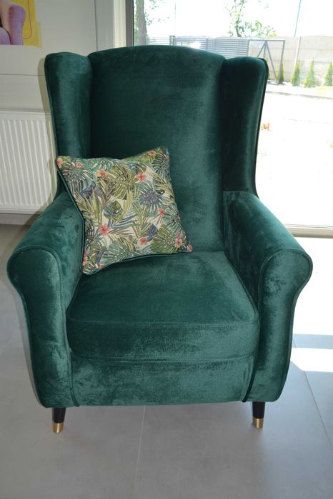 Zestaw mebli Uszak dwójka fotel pufa liście butelkowa zieleń