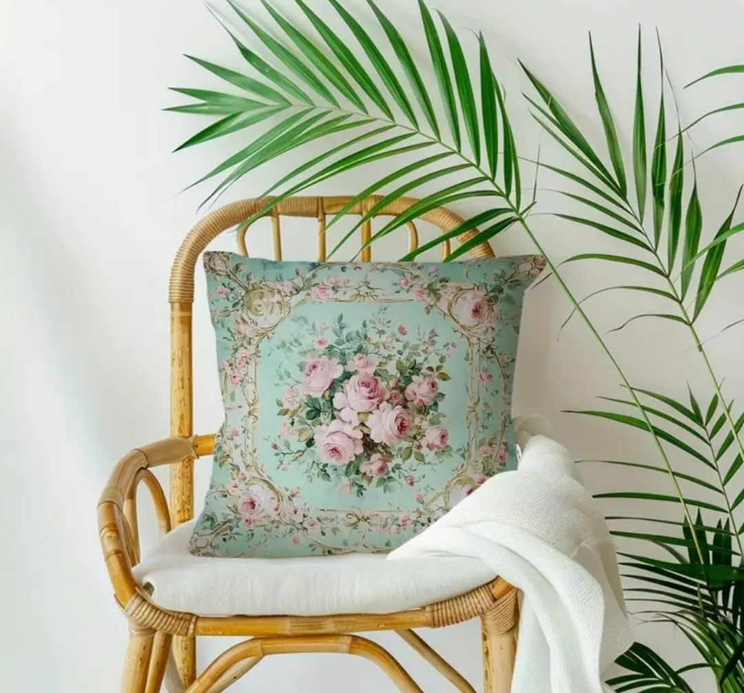 Miętowa poszewka na poduszkę 45x45 print kwiaty shabby chic vintage