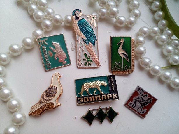 Значки "Зоопарк" СССР, алюминий, эмаль (птицы, звери) детские