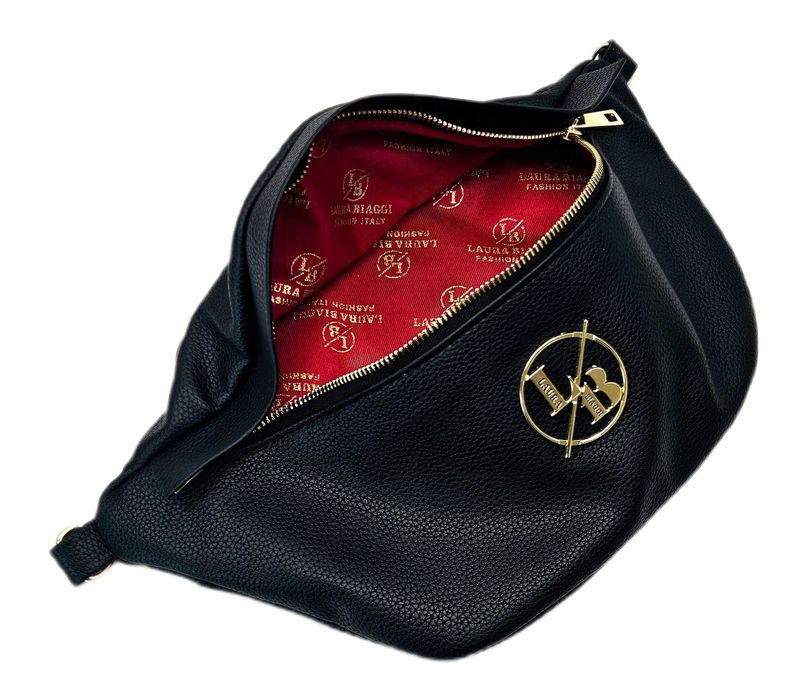 Laura Biaggi Nerka Damska Saszetka Skórzana Czarna Połysk Logo