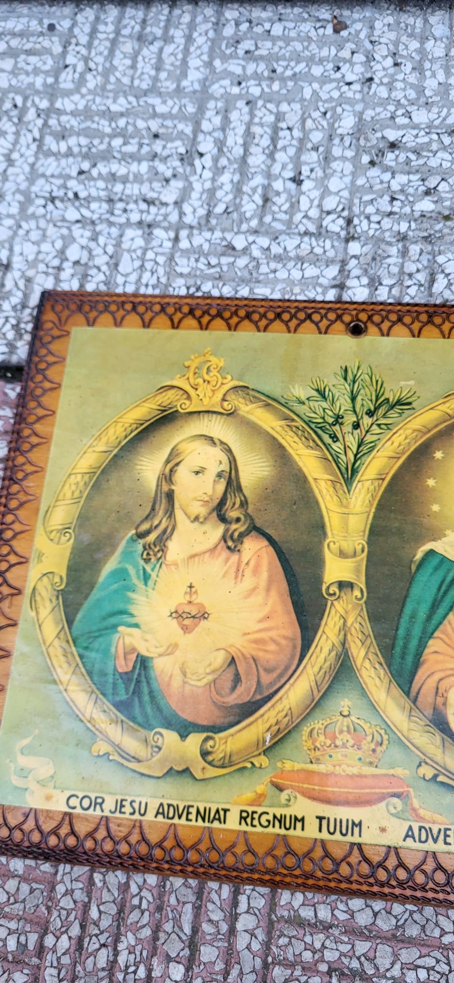 Stary obrazek na deseczce Najświętsze serce Pana Jezusa i Matki Boskie