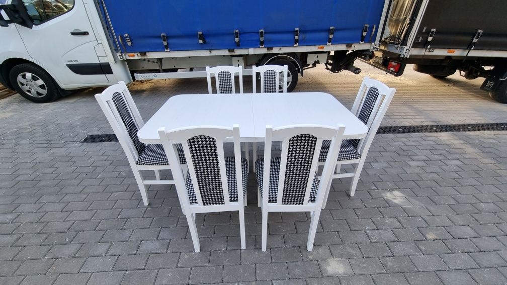 Nowe: Stół 80x140/180 + 6 krzeseł, BIAŁY + PEPITKA, od ręki