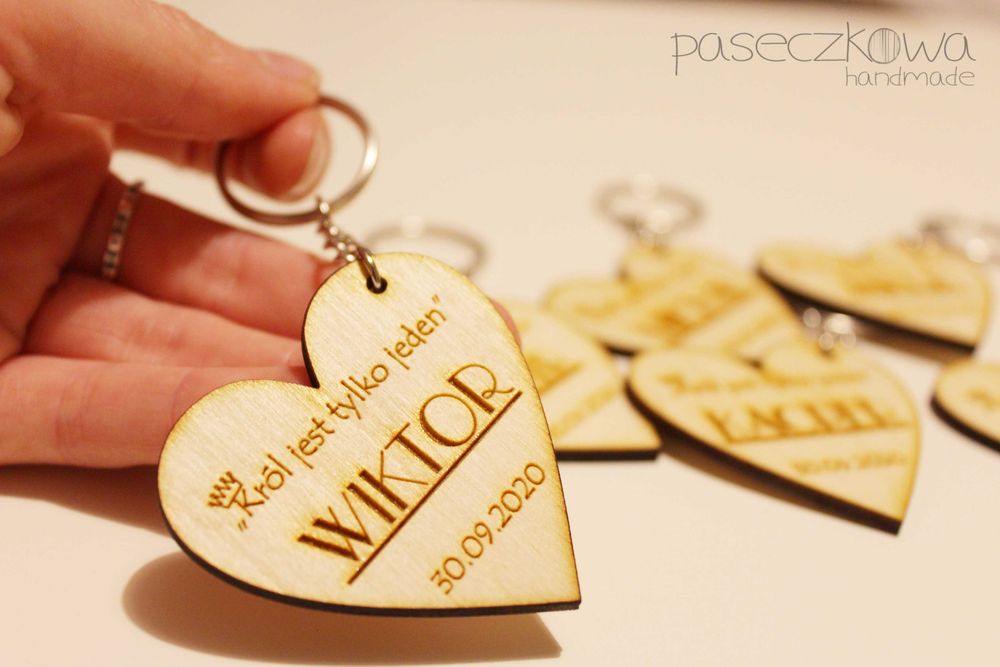 Brelok breloczek drewniany grawer PERSONALIZACJA serce koniczynka