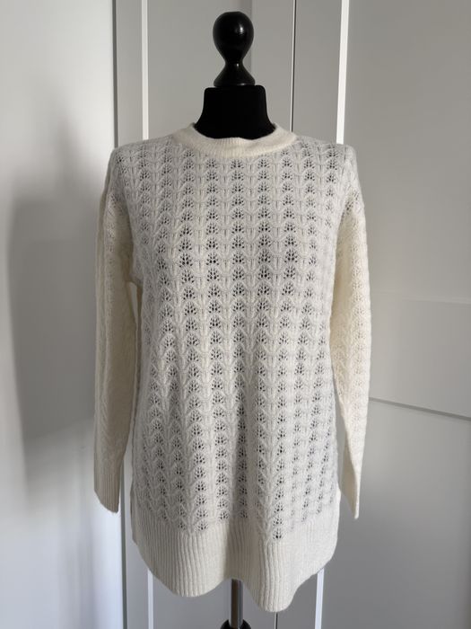 Biały kremowy ażurowy dłuższy sweter z okrągłym dekoltem New Look 36 S