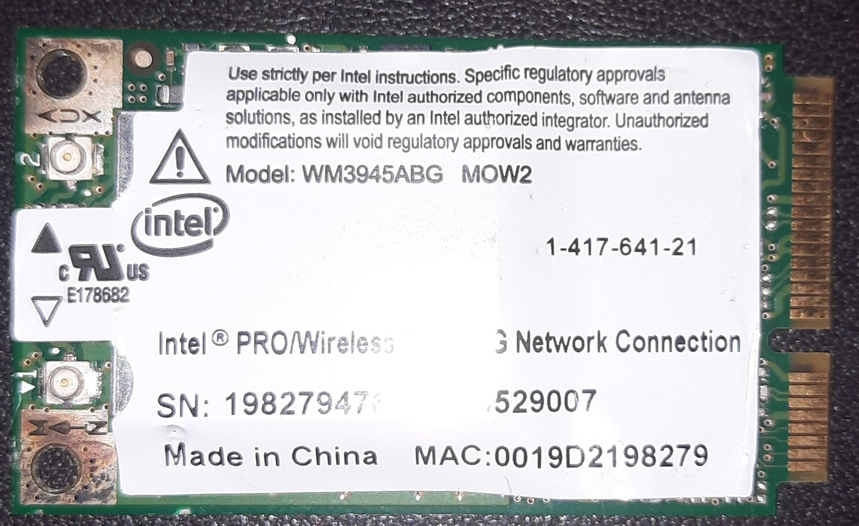Placa Wireless Intel 3945ABG para Sony Vaio VGN-FE31M