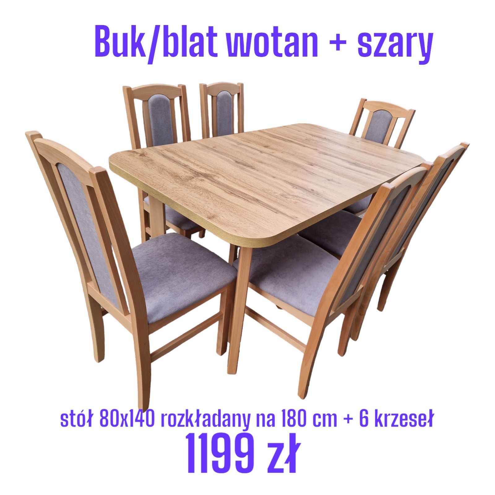 Stół 80x140/180 + 6 krzeseł, buk/wotan + szary, dostawa cała PL