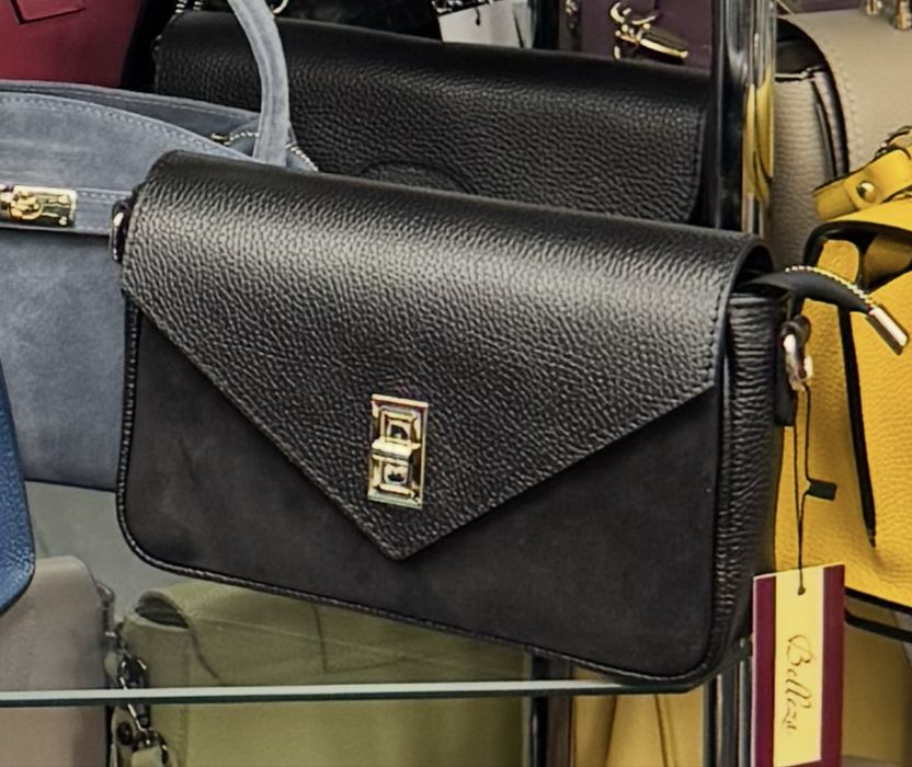 Сумка клатч шкіряна чорна Італійська жіноча сумка крос боді замш