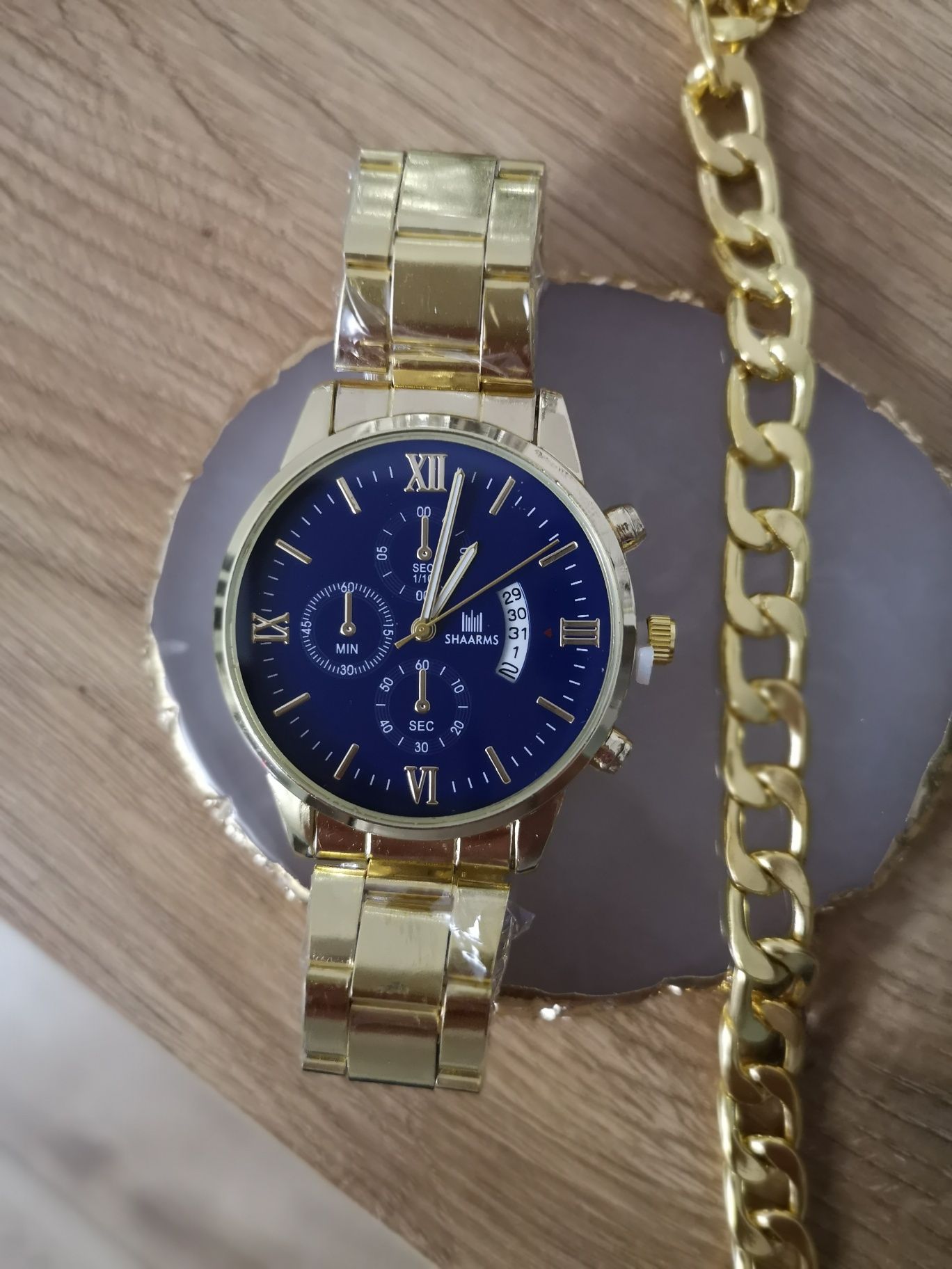 Nowy zestaw prezentowy zegarek męski złoty z dużą tarcza i bransoleta