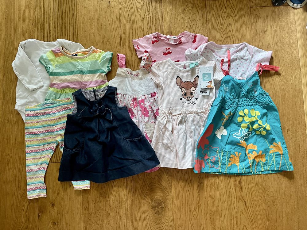 Zestaw dla dziewczynki 80 na lato sukienki body legginsy paka 12m