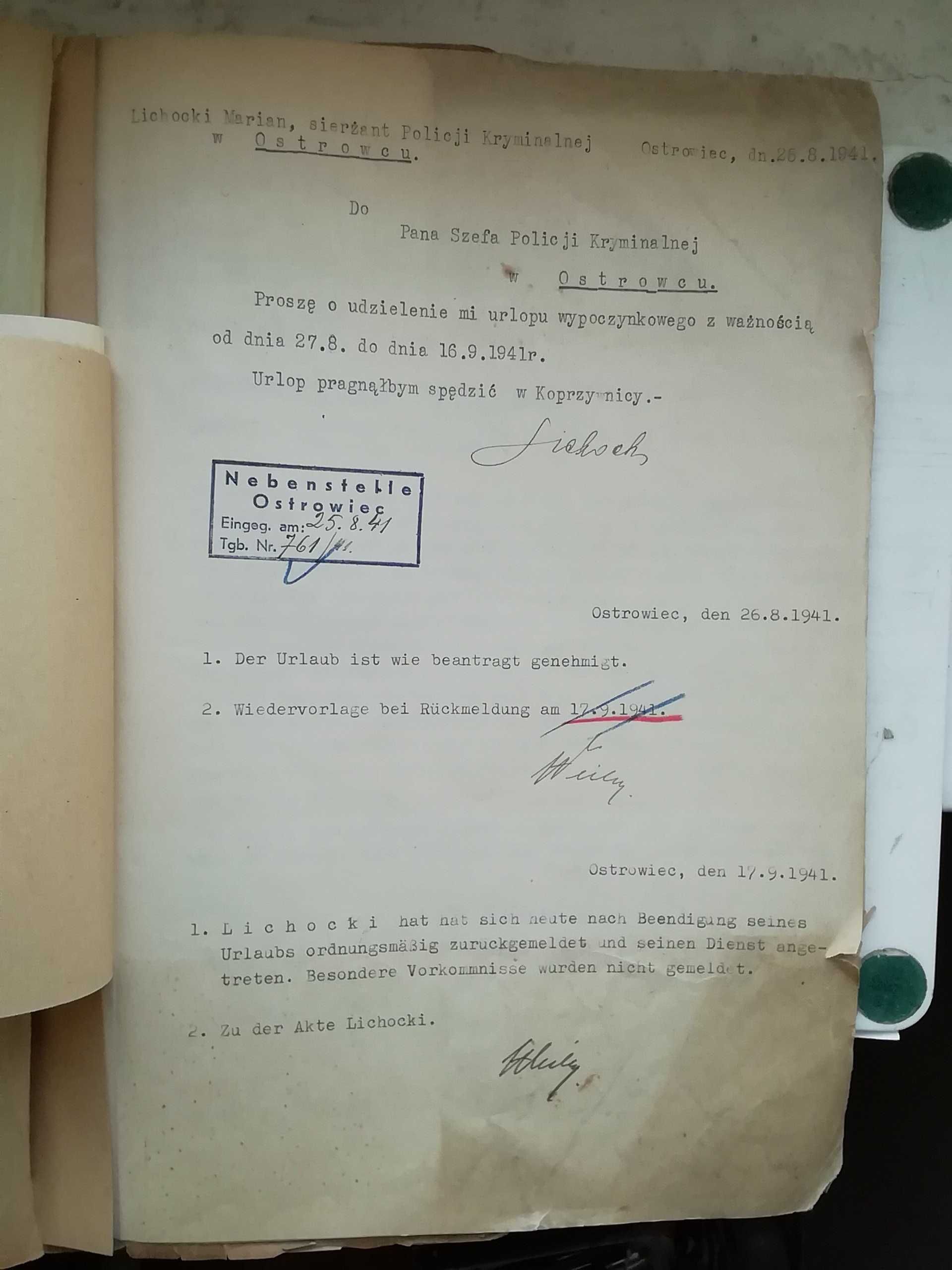 Dokumenty z czasów II wojny światowej policyjne teczka osobowa, część.
