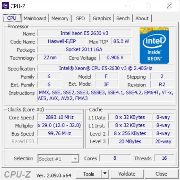 Процесор Intel Xeon e5 2630 v3 макс 3.2GHZ 8 ядер 16 потоків lga 2011