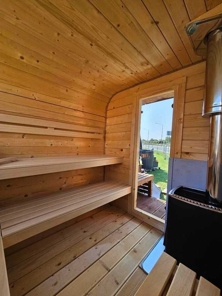 Sauna ogrodowa z piecem opalanym drewnem panorama ławeczka 1-8 osób