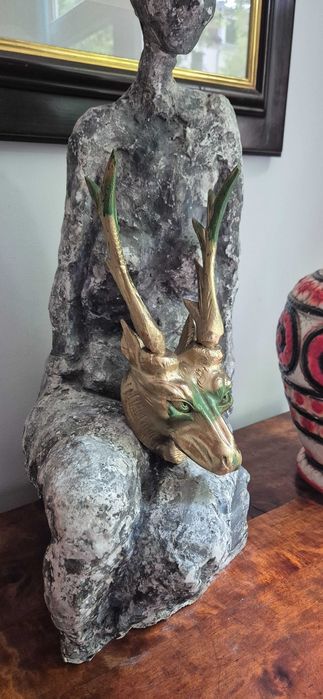 Rzeźba z drewna poroże lis z rogami trofeum dekor popart surrealizm