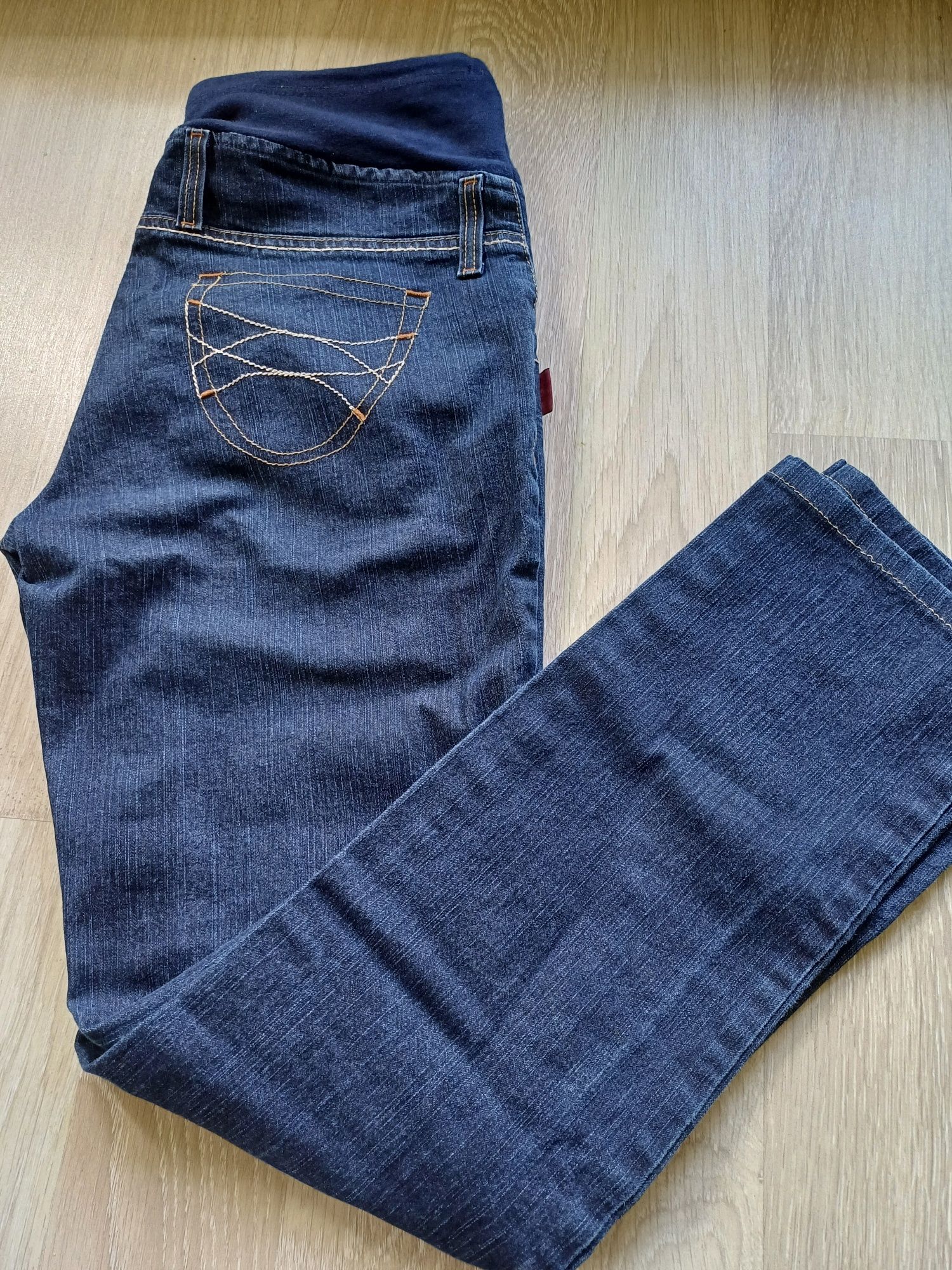 Spodnie ciążowe rozm. 38, pas bezuciskowy, elastyczne, jeans, granatow