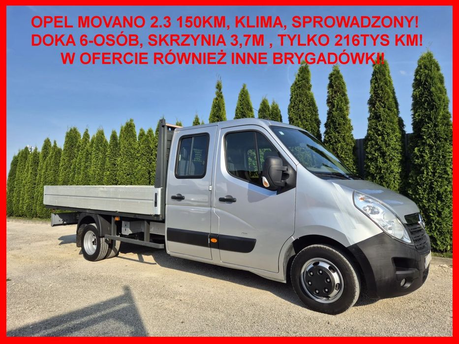 Opel Movano 2.3 150KM Dubel Kabina  Brygadówka Doka Maxi, paka 3.7m, Klima ,Master, 216tys, Sprowadzony!