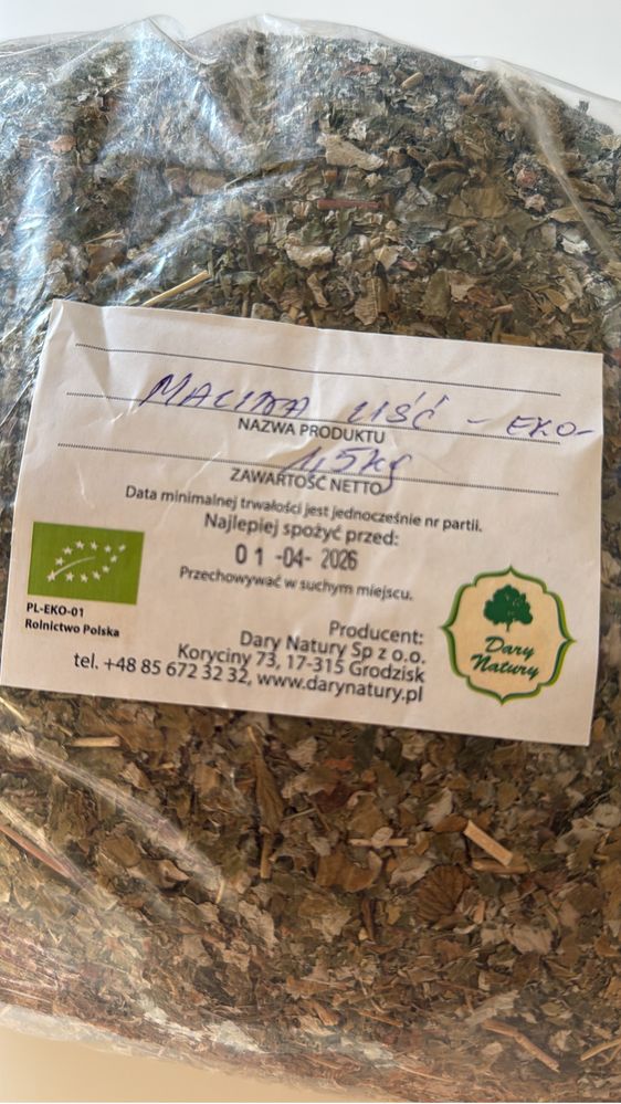 Liść Maliny – EKO – 0,5 kg Dary Natury ekologiczne z zielonym listkiem