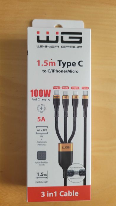 NOWY Kabel USB 3w1 USB-C / Light_USB-C_MicroUSB 100W 1,5m czarny