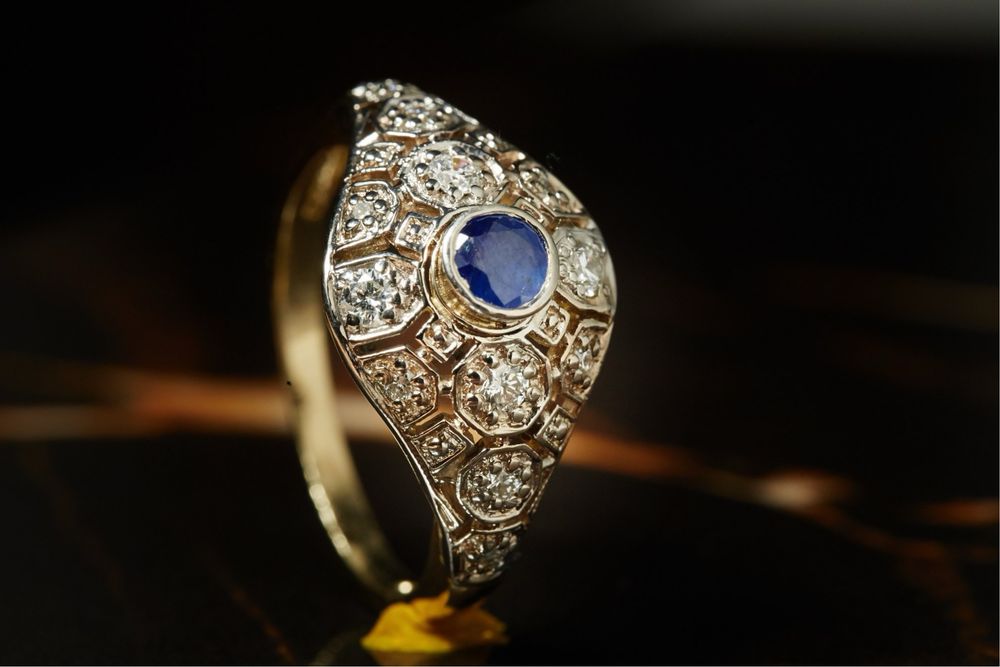 Pierścionek złoty 585 szafir naturalny 0,44 ct diamenty 0.32 ct