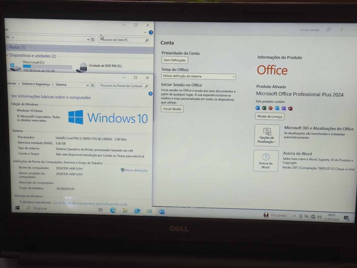 *Win10* Portátil Dell 3558 i3,8GB RAM,256GB SSD, Office 2024,Caixa