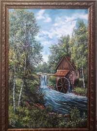 Картина живопис з краєвидом. Мельниця річка вода масляними красками