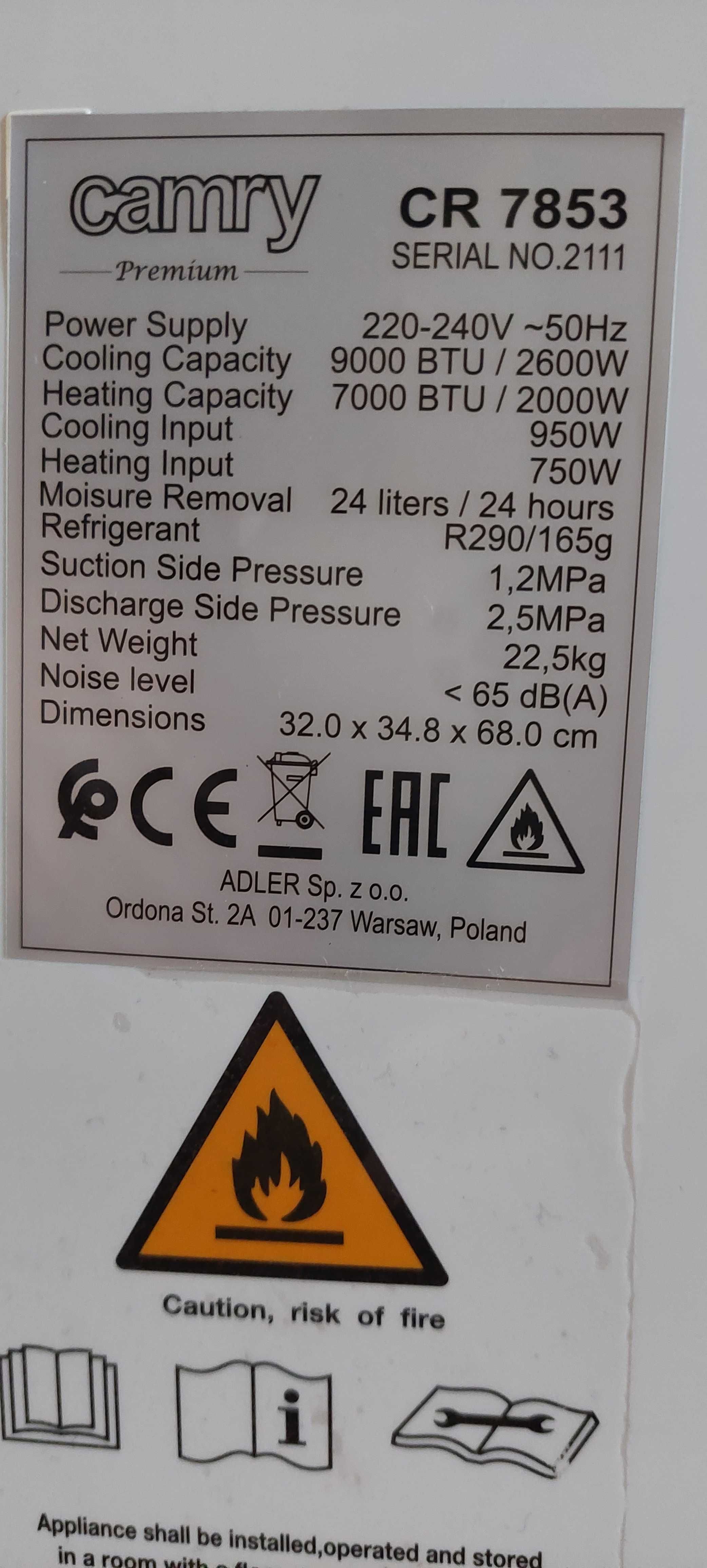Klimatyzator Camry Premium CR 7853 4 w 1 WiFi 25m