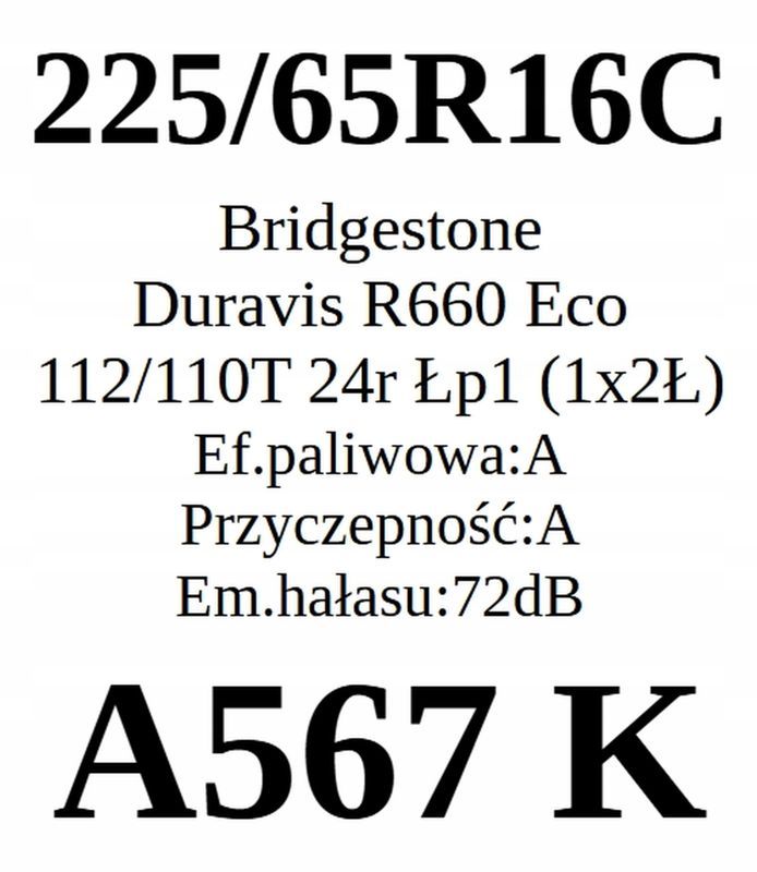 1x 225/65r16c Bridgestone Duravis R660 Eco 112/110t 2024r Jak Nowe