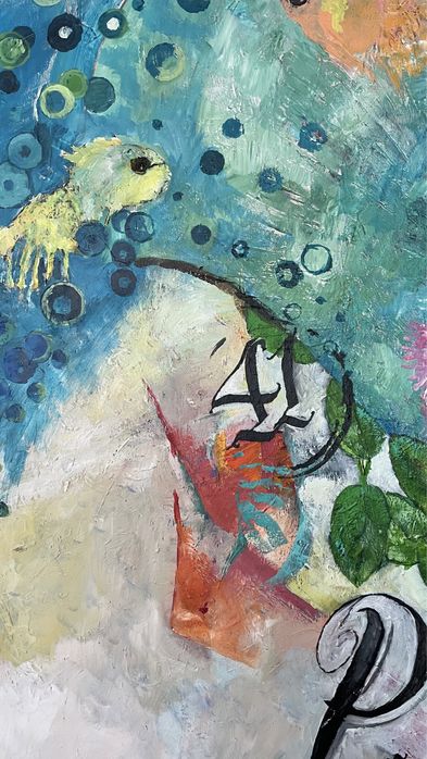 Rzeka, ryby, dużu  obraz,  akryl na płótnie , impresjonizm , fowizm