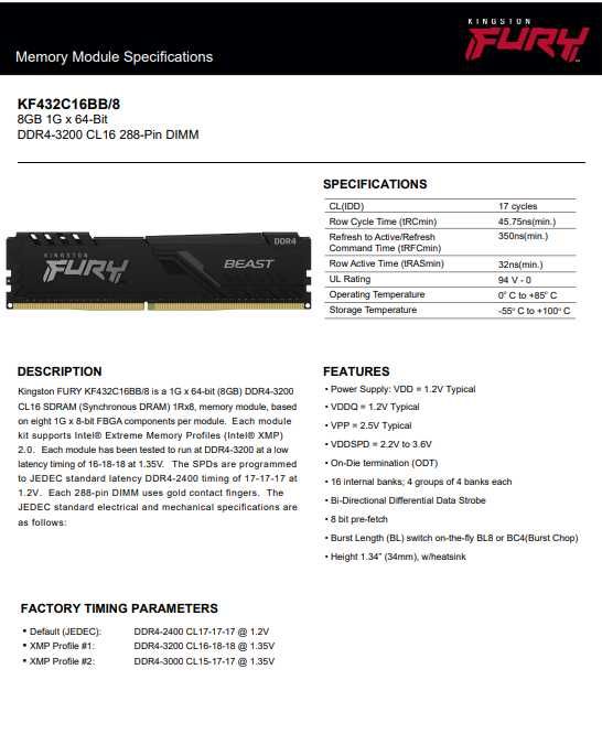 Memória RAM Kingston Fury Beast 8GB (1x8GB) DDR4-3200MHz 1R CL16 Preta