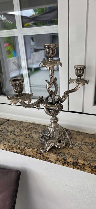 Conjunto decorativo em bronze – castiçal, espelho e pássaro