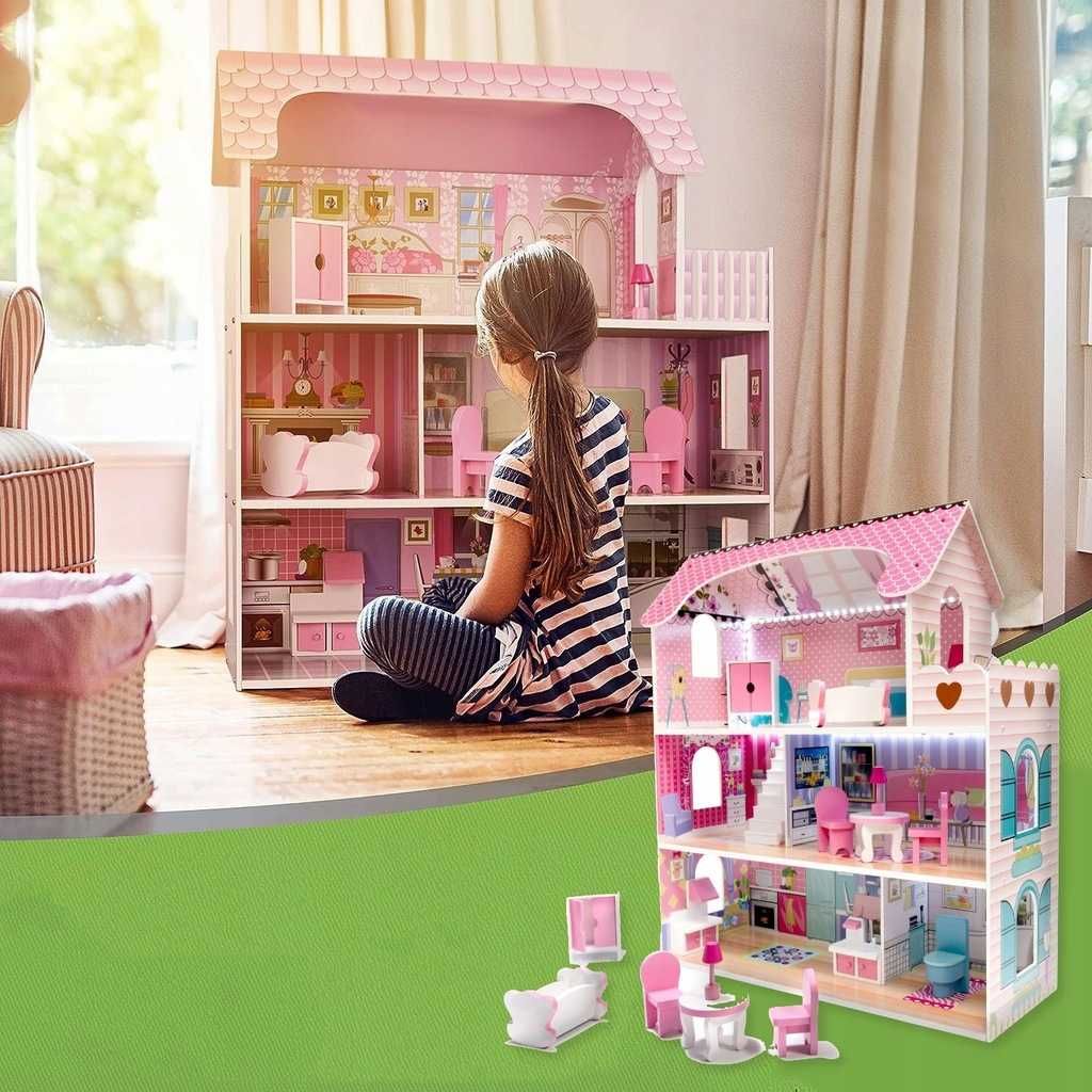 Duży drewniany domek dla lalek barbie willa led