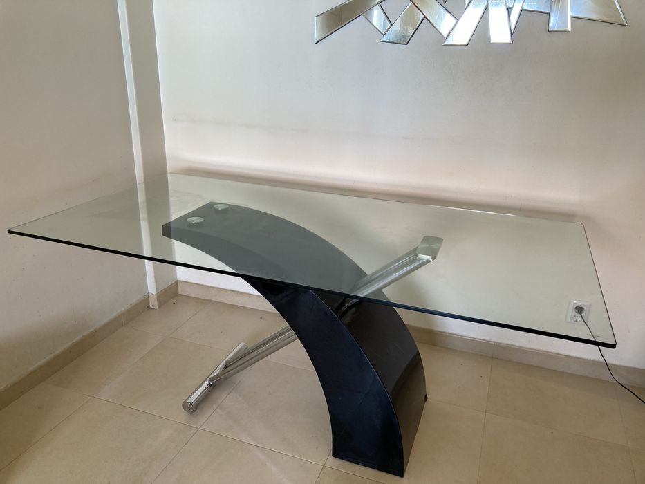 Mesa de Vidro com suporte Inox e Madeira