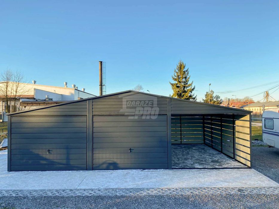 Garaż blaszany 6x6m - wiata 3m - 2x Brama - drzwi Dach GP597