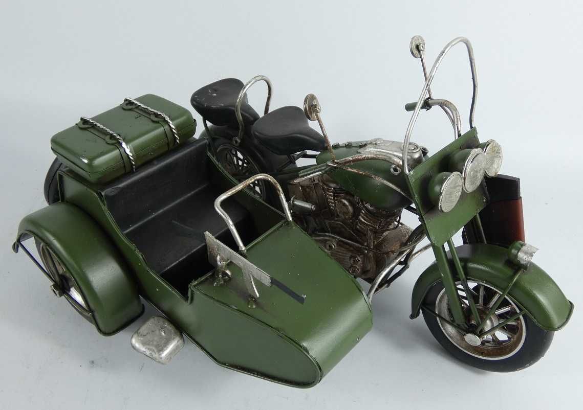 Wojskowy Metalowy MOTOCYKL z koszem zielony karabin RETRO pojazd motor