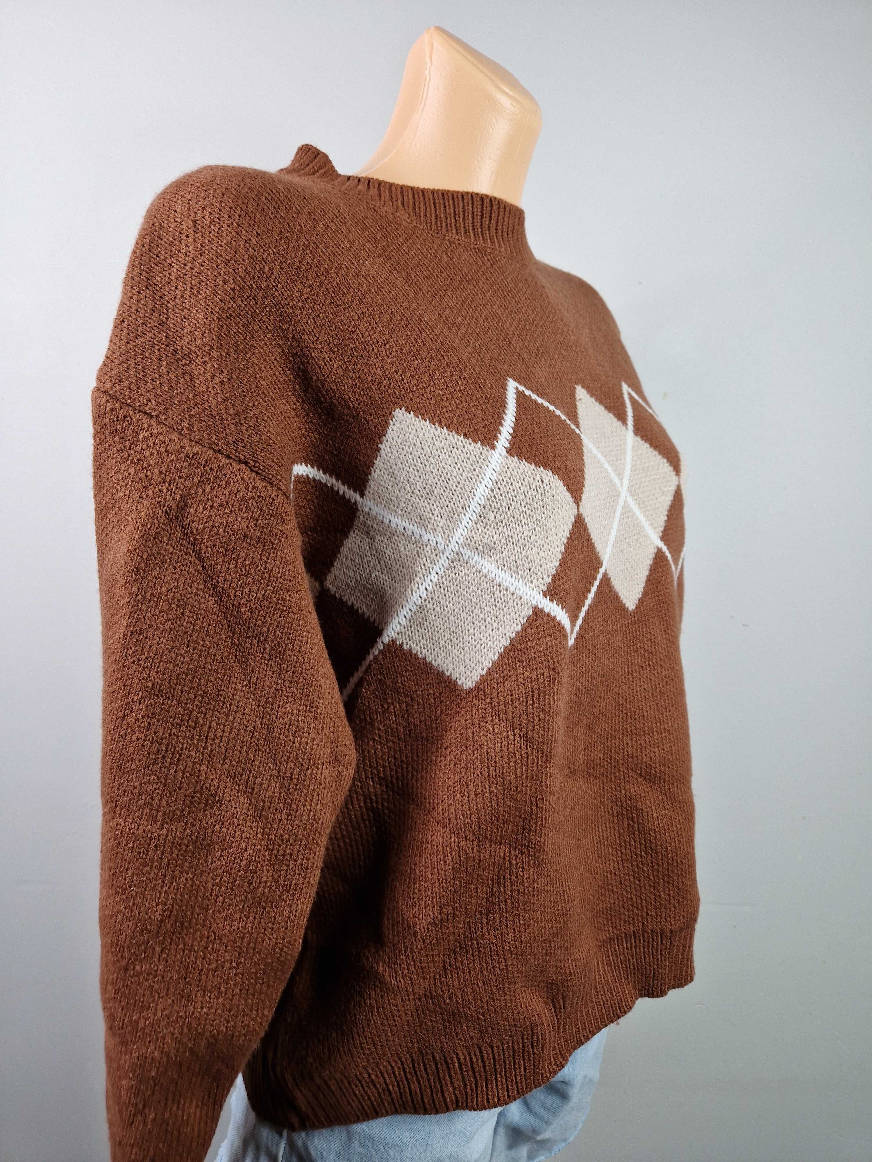 Brązowy sweter oversize żakardowy Shein S 36 nowy romby