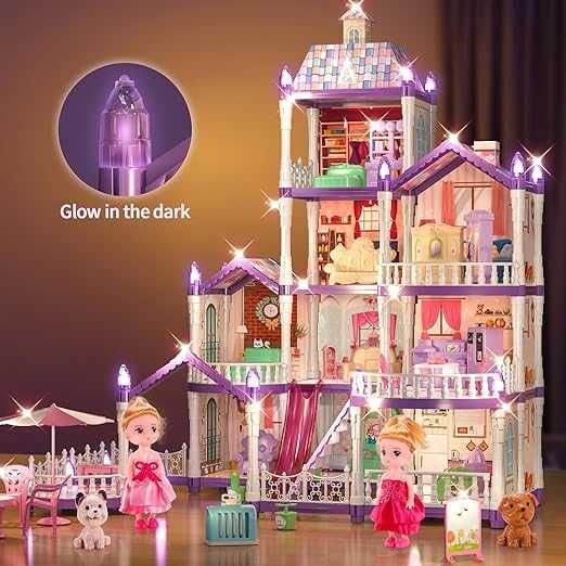 Чотирох поверховий ляльковий будинок з меблями та підсвіткою