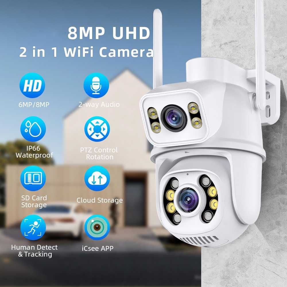 Câmara rotativa dupla lente wifi exterior 1080p 360º noturna