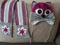 Czapka kotek + szalik zrobione na drutach, ciepłe