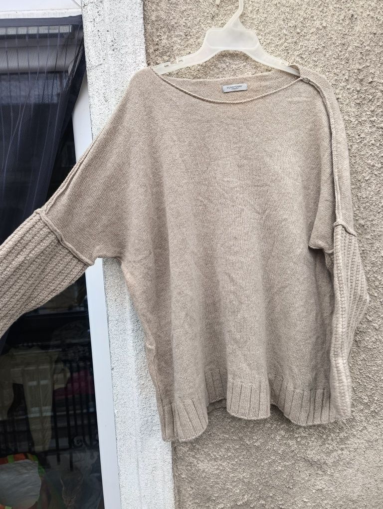 Sweter wełniany, wełna i kaszmir L 40 beżowy oversize