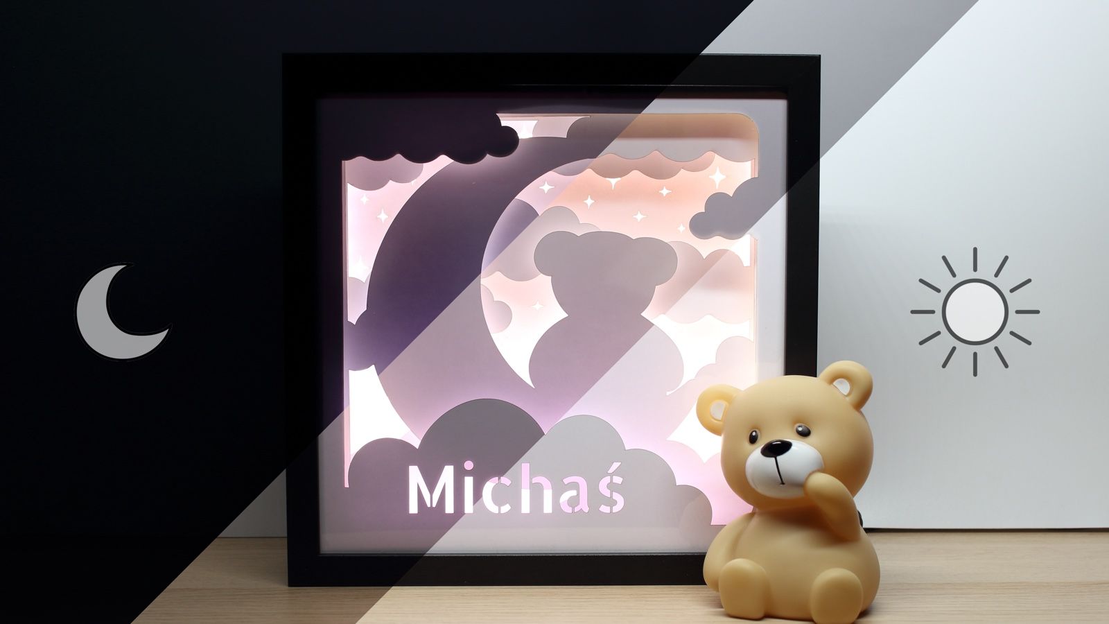 Lampka Nocna Ramka 3D Shadow Box LED Miś na Księżycu