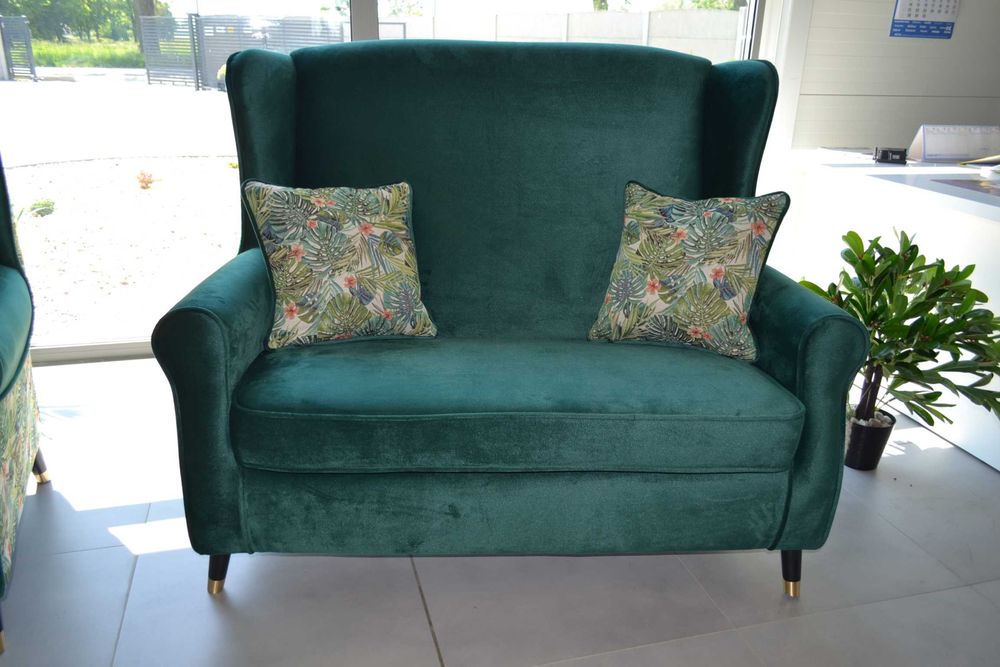 Zestaw mebli Uszak dwójka fotel pufa liście butelkowa zieleń