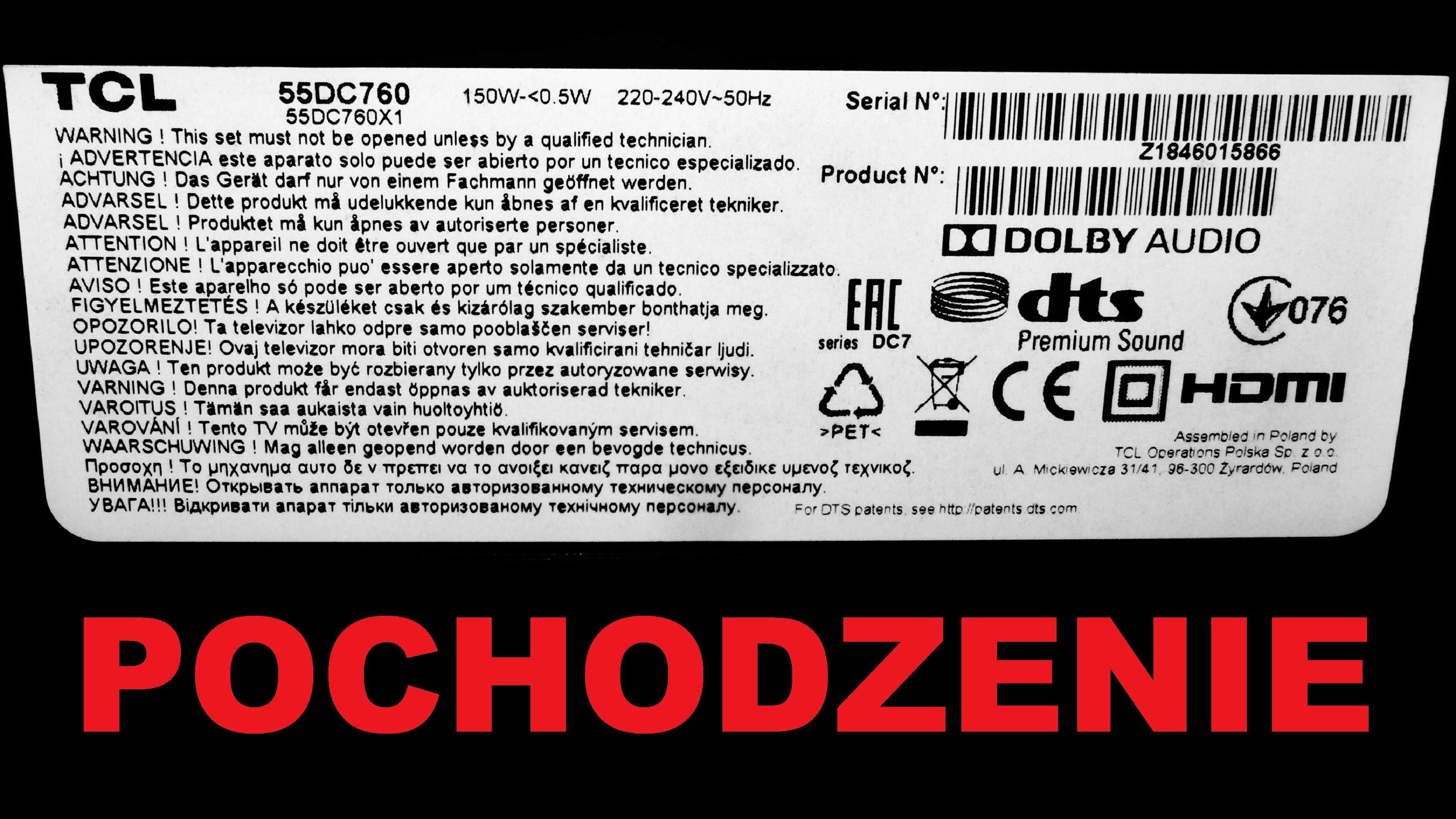 Płyta główna telewizora TCL 55DC760   - ozn. znamionowe na zdjęciach