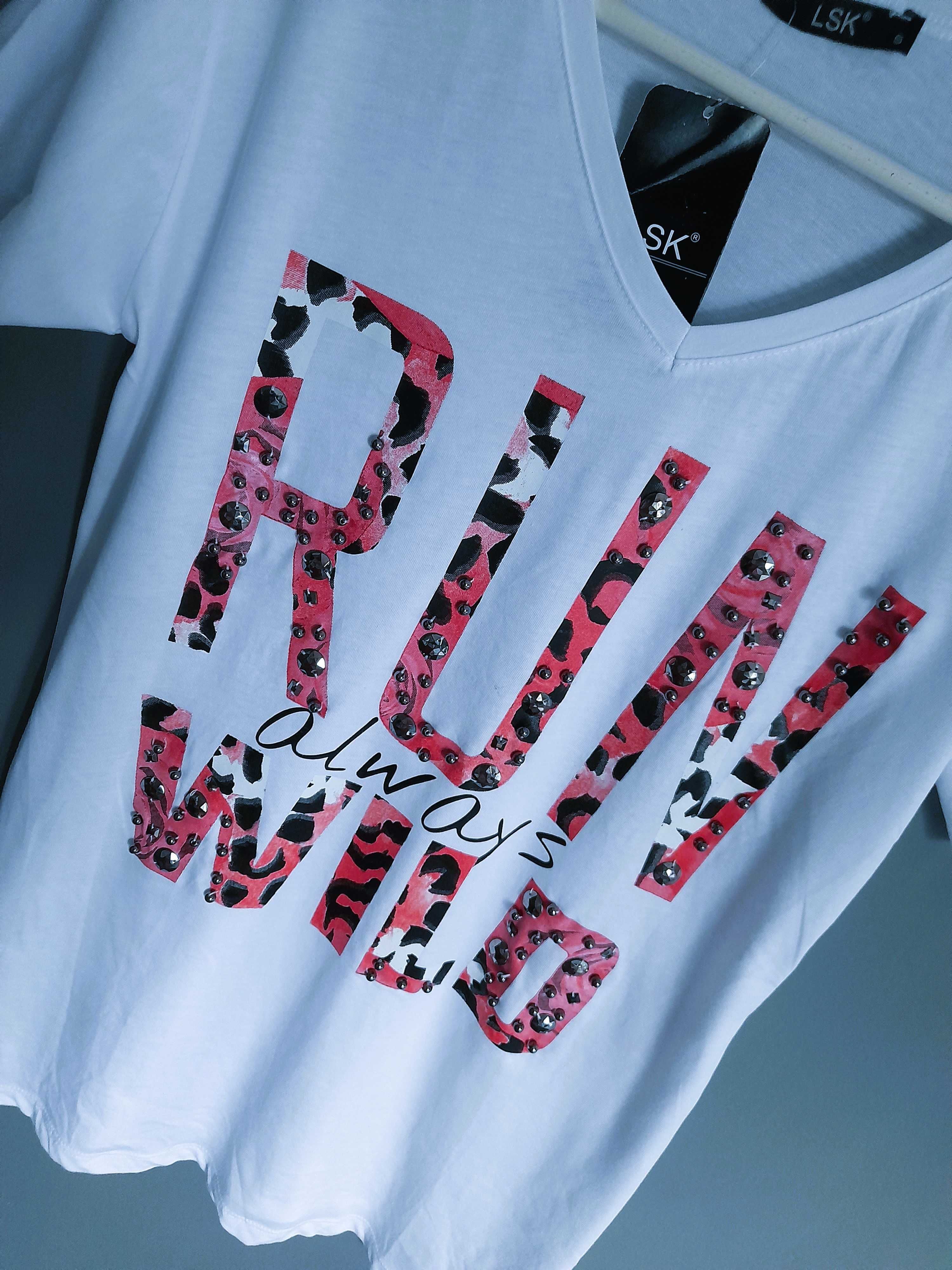 Biały t-shirt różowy napis panterka cyrkonie