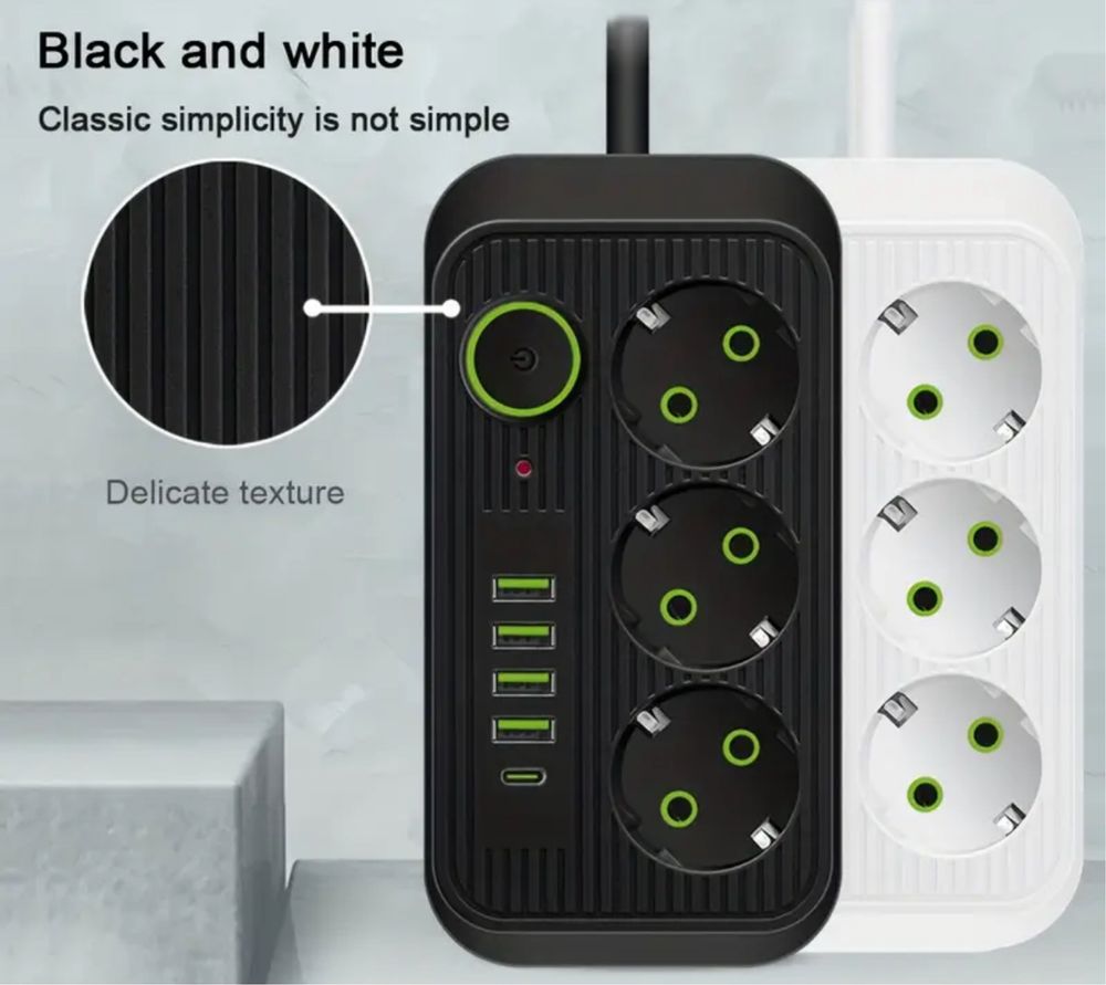 Listwa zasilajaca USB TYP C (1x), usb a (4x), 3x wtyczki EU, On/off