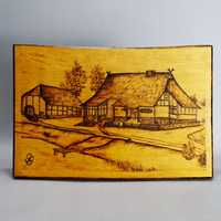 piękny stary obrazek w drewnie pirografia wiejskie zabudowania